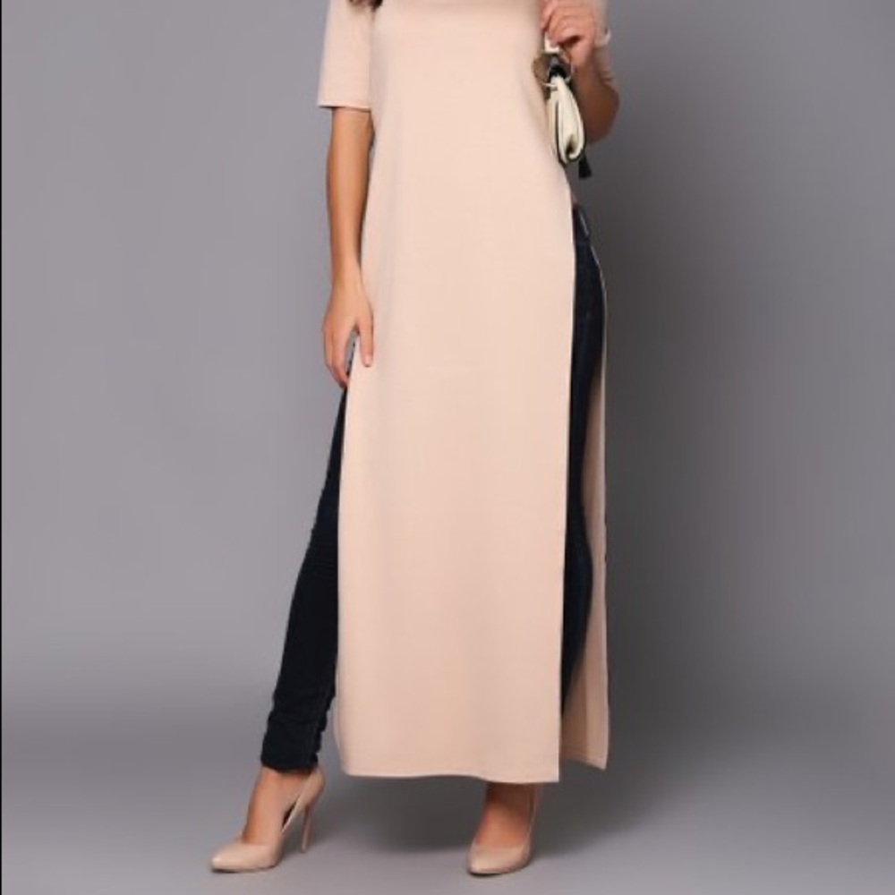 NEW!! GINGIER Women Beige Mock Neck Side Slit Tunic Size 12